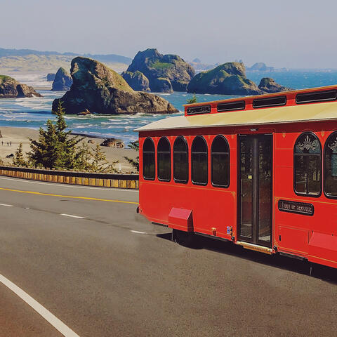 hometown trolley bus on coastal shores